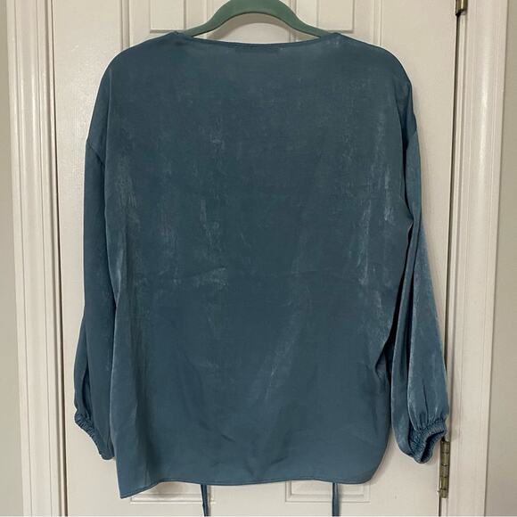 ZARA • Blue Green Satin Drawstring Long Sleeve Gypsy Blouse Top - Picture 8 of 8